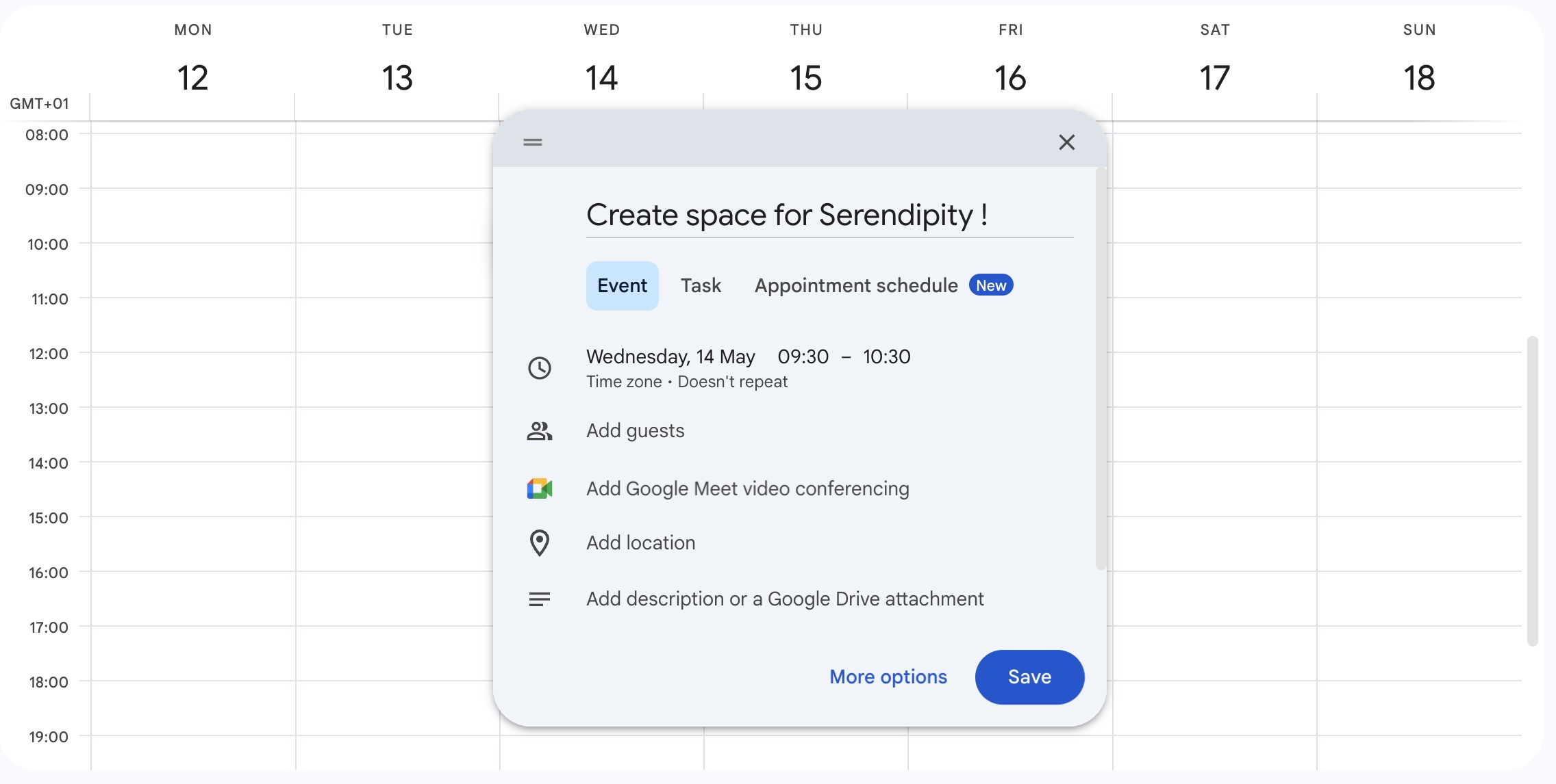 new event called Create space for serendipity in google calendar with